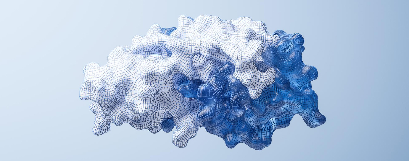 A 3D wireframe structure with a cloud-like form, hinting at the potential of scientific exploration, shows a gradient from white to blue against a light gray background.